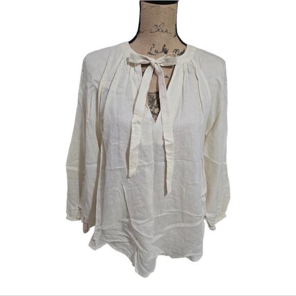 Antonio‎ Melani Beige Cream Linen Tie Neck Boho Blouse Size Small - Picture 1 of 6